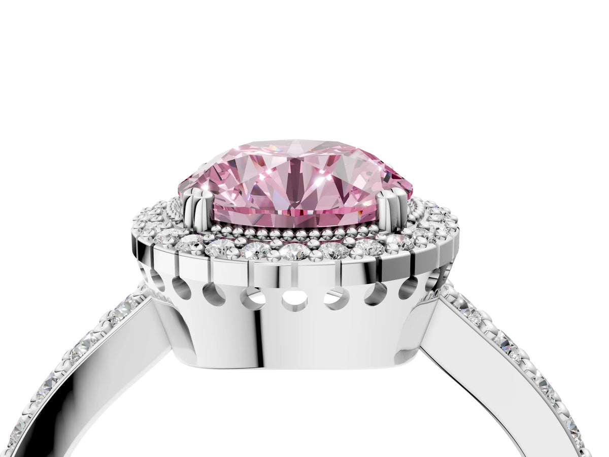Fancy Pink Round Cut Diamond Halo Engagement Ring in White gold with Milgrain Detail and Pavé Band_4