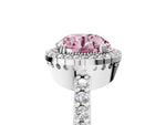 Fancy Pink Round Cut Diamond Halo Engagement Ring in White gold with Milgrain Detail and Pavé Band_5