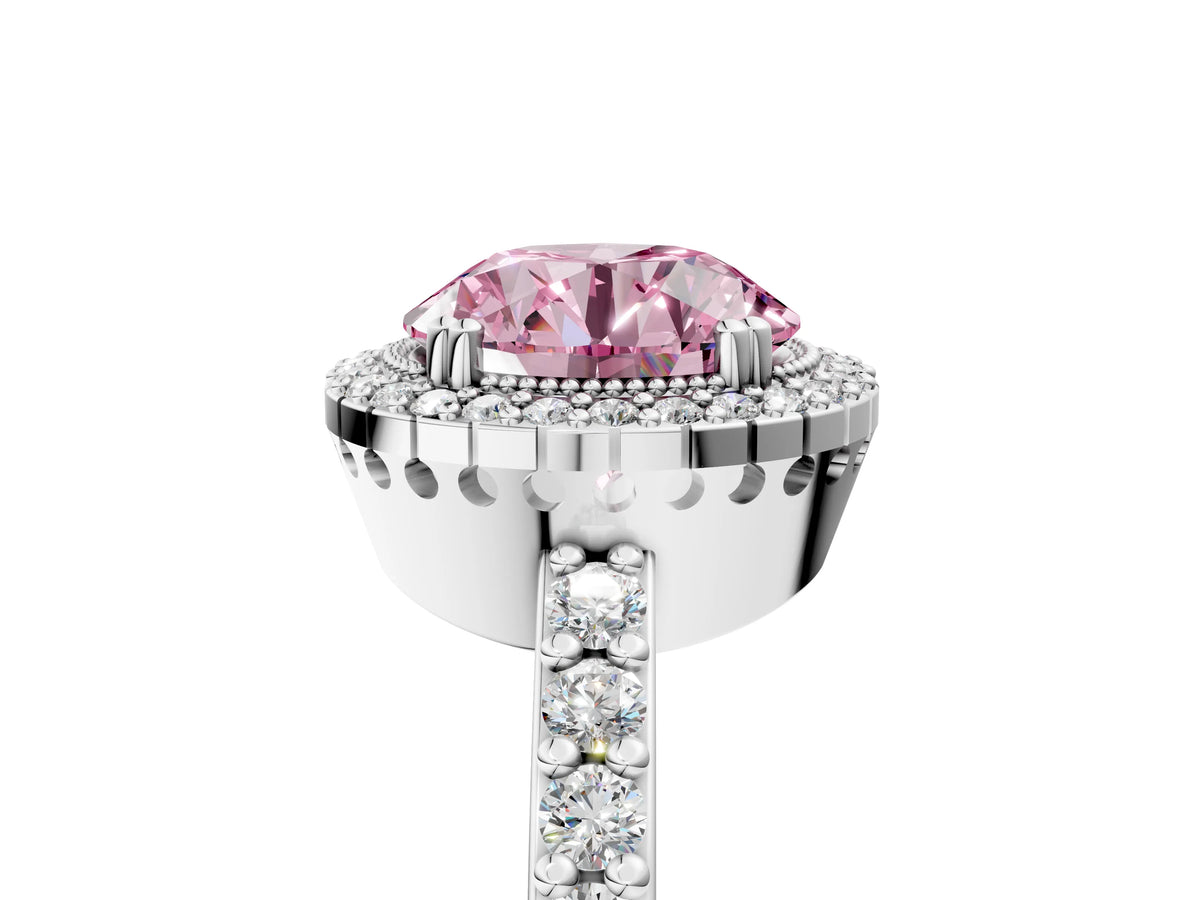 Fancy Pink Round Cut Diamond Halo Engagement Ring in White gold with Milgrain Detail and Pavé Band_5
