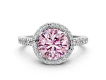 Fancy Pink Round Cut Diamond Halo Engagement Ring in White gold with Milgrain Detail and Pavé Band