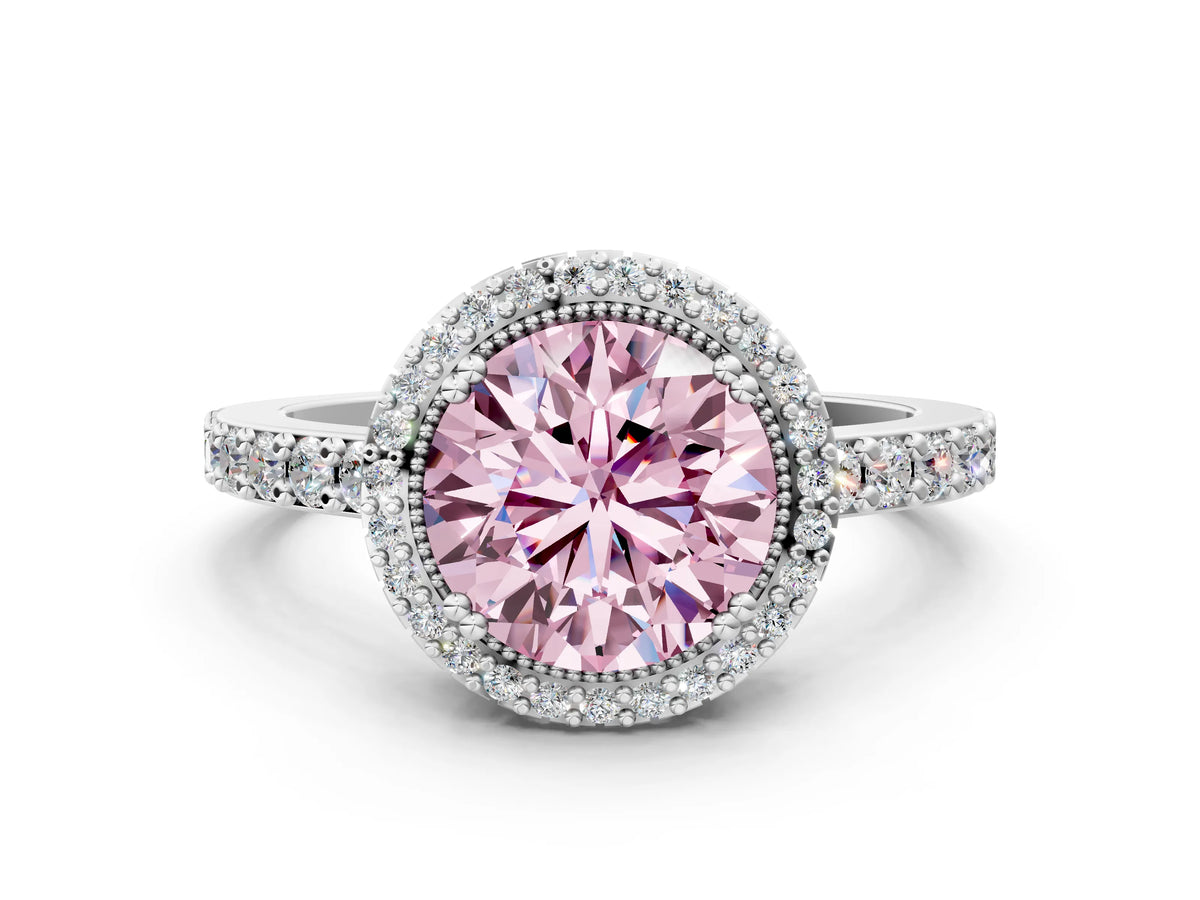 Fancy Pink Round Cut Diamond Halo Engagement Ring in White gold with Milgrain Detail and Pavé Band