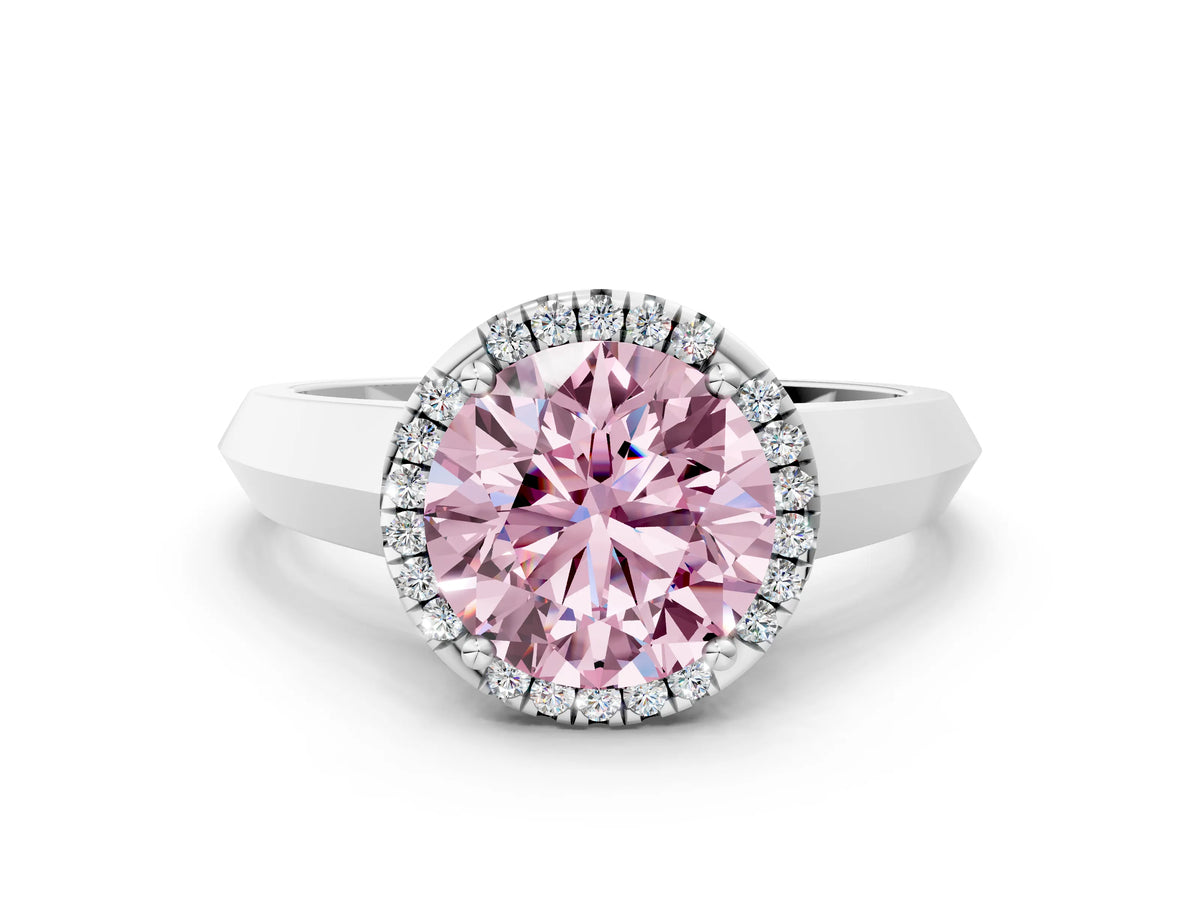 Fancy Pink Round Cut Diamond Halo Ring in Platinum with Cathedral Band and Prong Setting_12