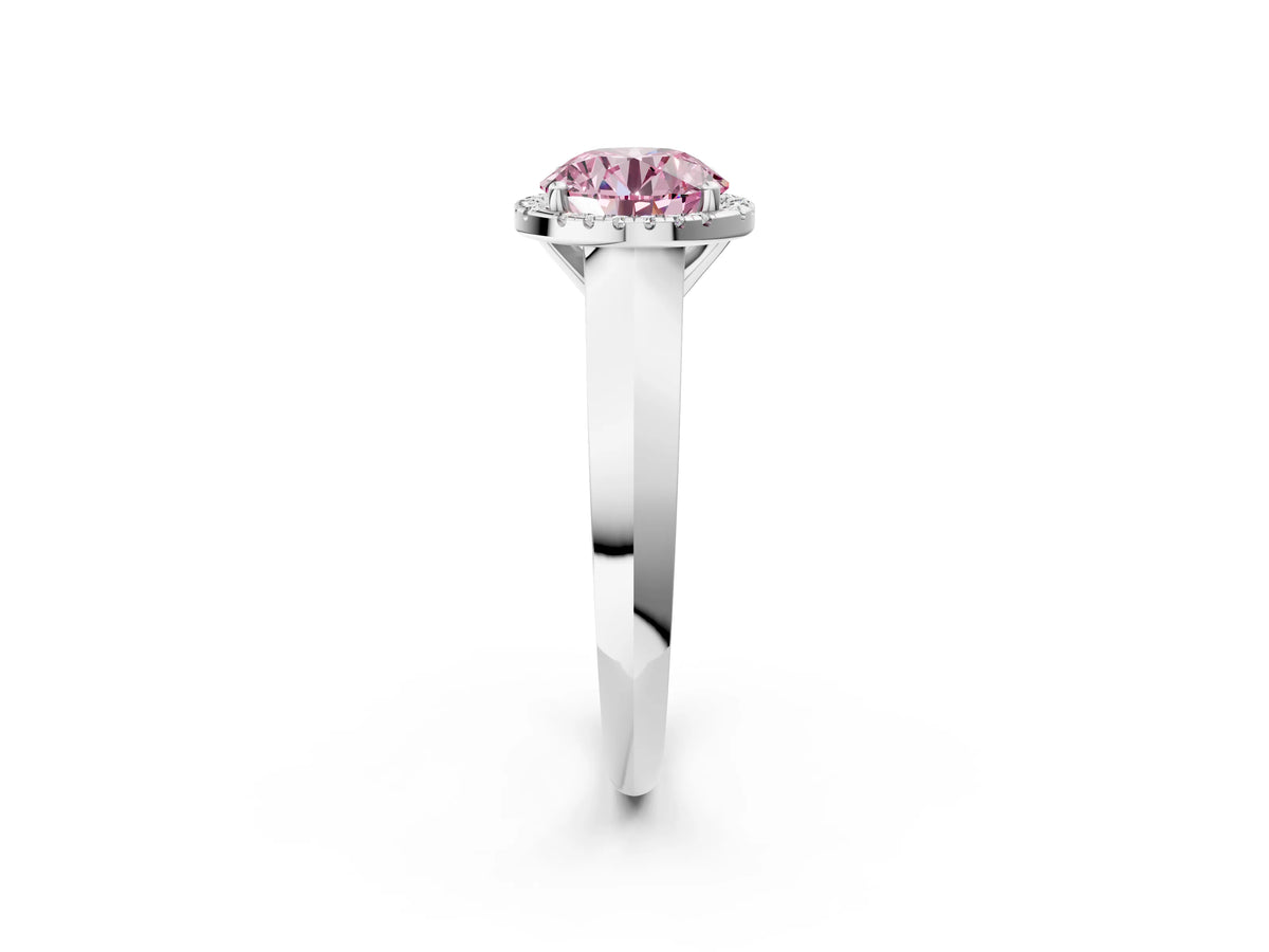 Fancy Pink Round Cut Diamond Halo Ring in Platinum with Cathedral Band and Prong Setting_14