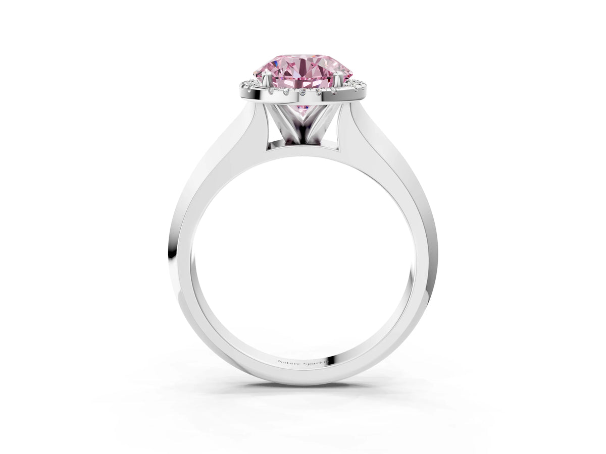 Fancy Pink Round Cut Diamond Halo Ring in Platinum with Cathedral Band and Prong Setting_15