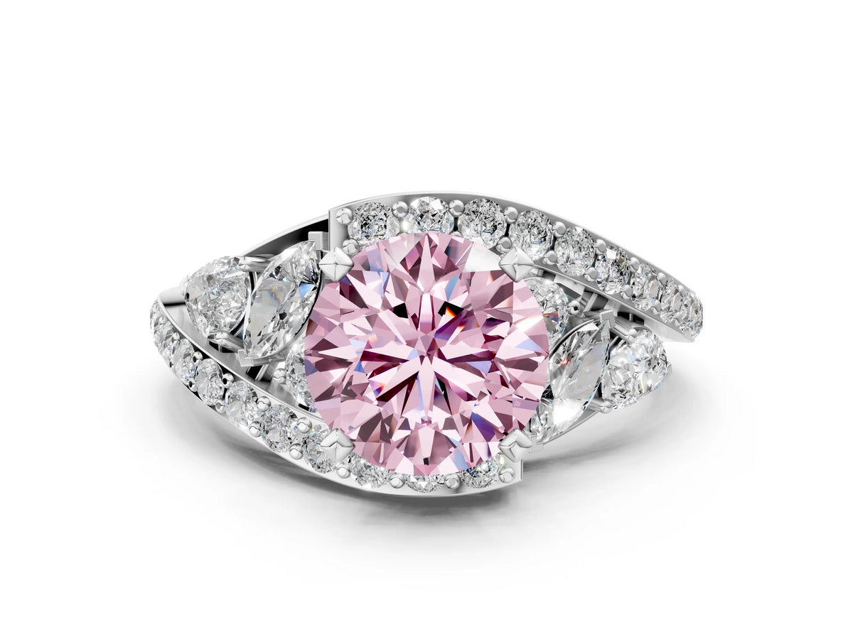 Fancy Pink Round Cut Diamond Halo Ring in Platinum with Marquise and Pavé Band in Prong Setting_12