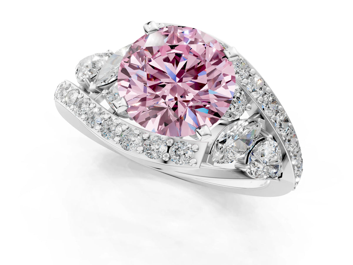 Fancy Pink Round Cut Diamond Halo Ring in Platinum with Marquise and Pavé Band in Prong Setting_13