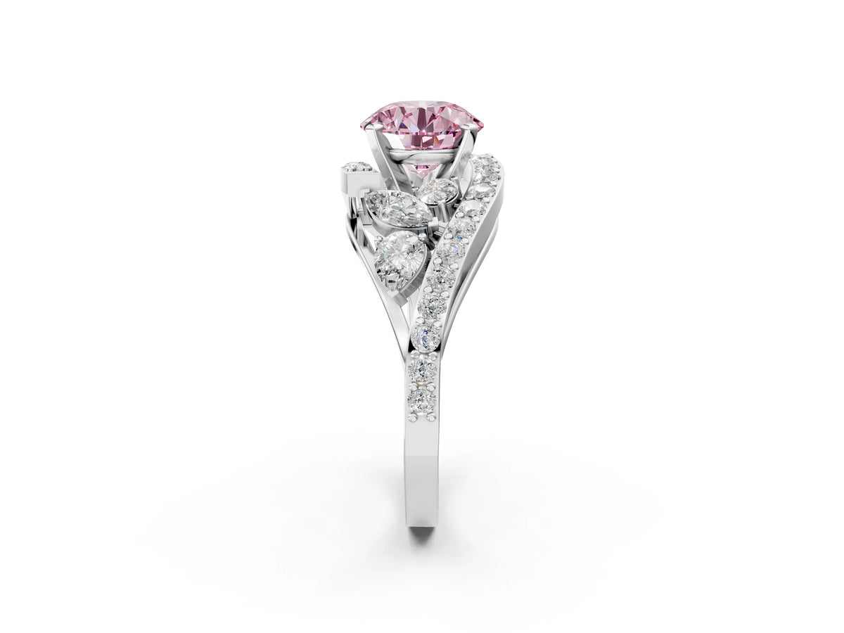 Fancy Pink Round Cut Diamond Halo Ring in Platinum with Marquise and Pavé Band in Prong Setting_14