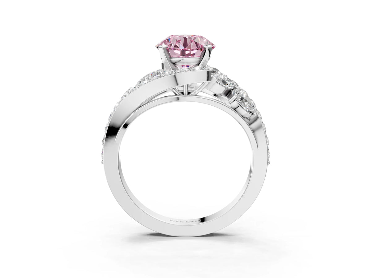 Fancy Pink Round Cut Diamond Halo Ring in Platinum with Marquise and Pavé Band in Prong Setting_15