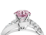 Fancy Pink Round Cut Diamond Halo Ring in Platinum with Marquise and Pavé Band in Prong Setting_16
