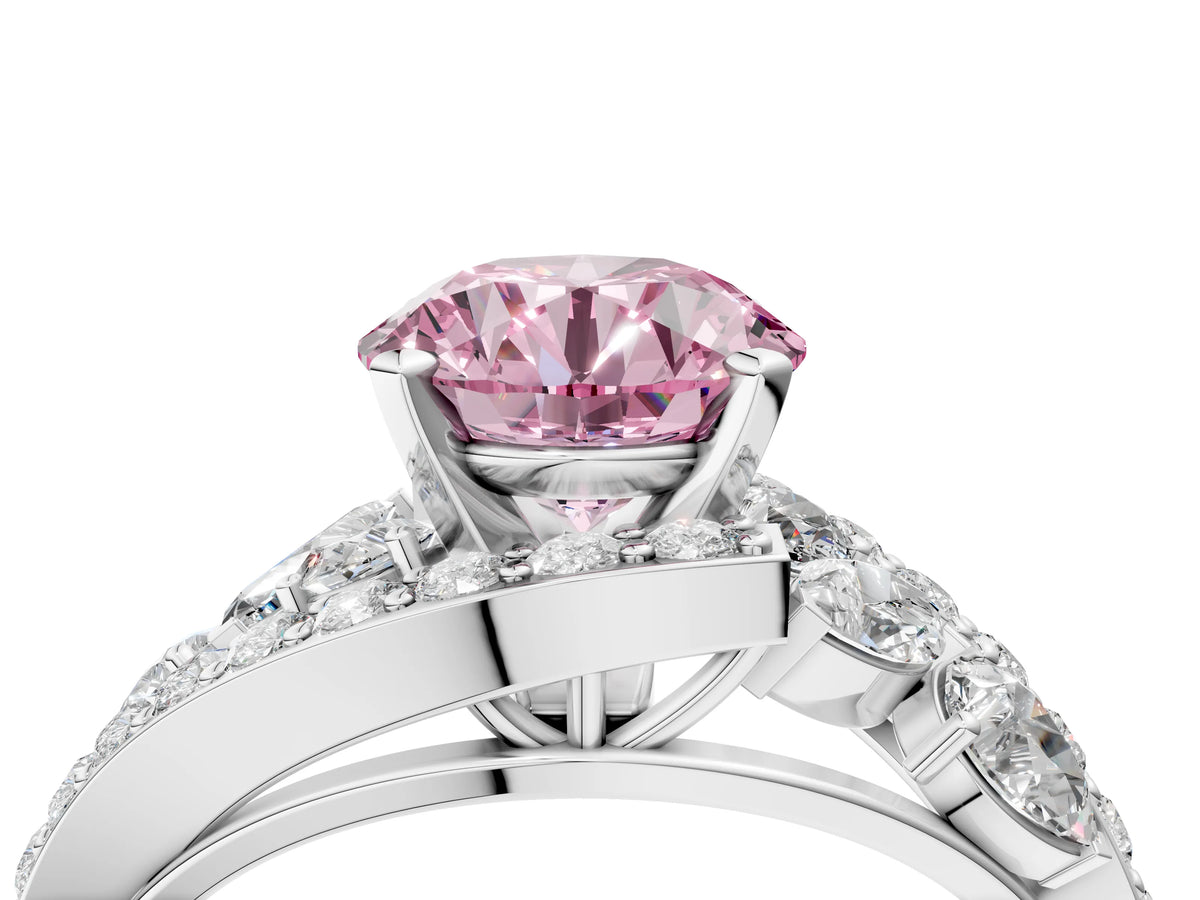 Fancy Pink Round Cut Diamond Halo Ring in Platinum with Marquise and Pavé Band in Prong Setting_16