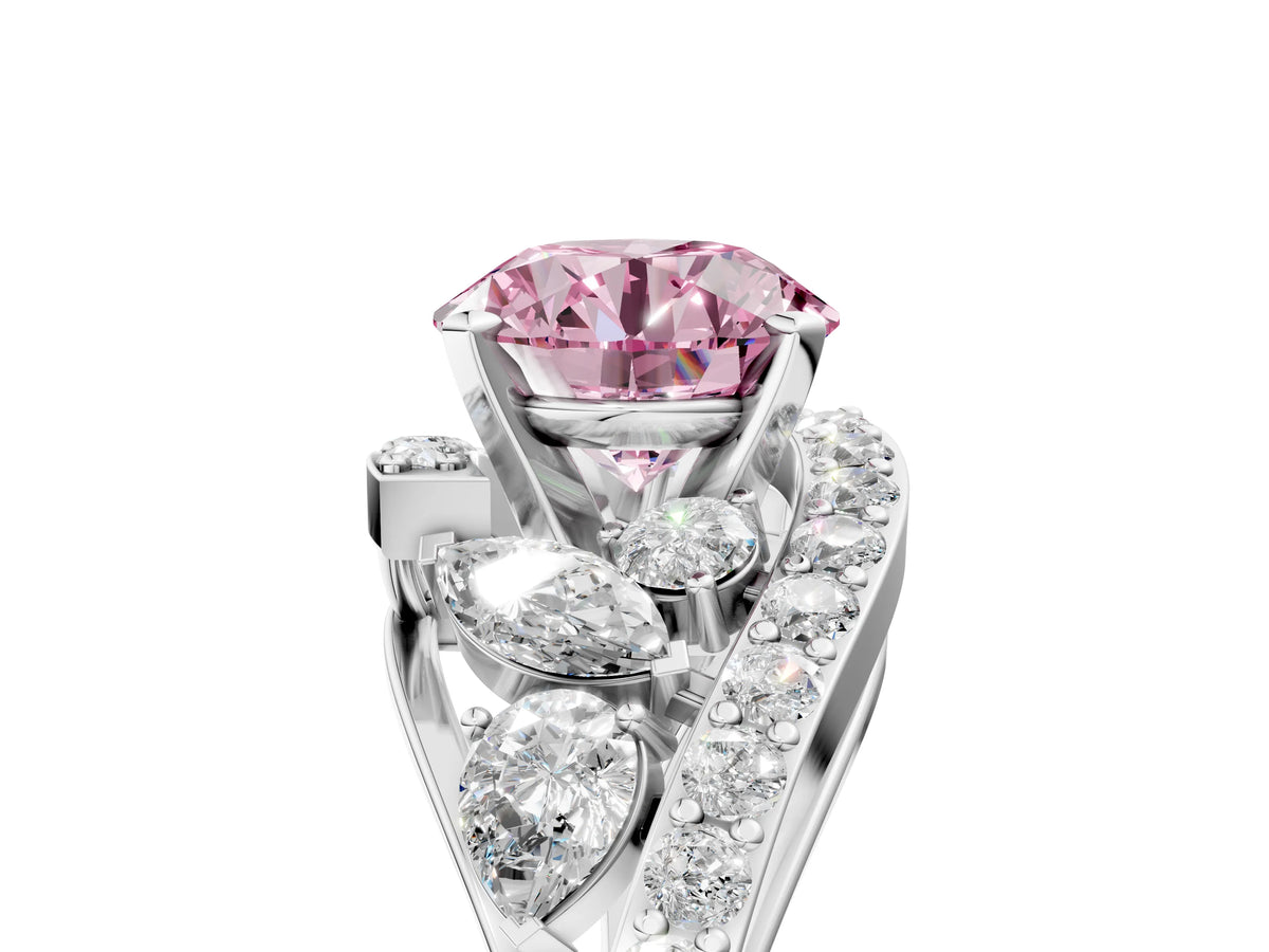 Fancy Pink Round Cut Diamond Halo Ring in Platinum with Marquise and Pavé Band in Prong Setting_17
