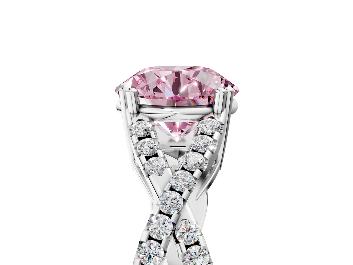 Fancy Pink Round Cut Diamond Solitaire Ring in Platinum with Interwoven Pavé Band and Prong Setting_11