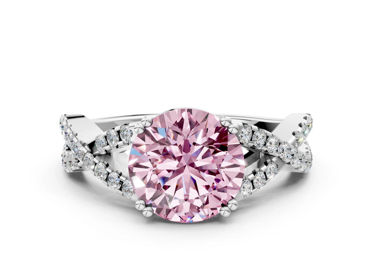 Fancy Pink Round Cut Diamond Solitaire Ring in Platinum with Interwoven Pavé Band and Prong Setting_6
