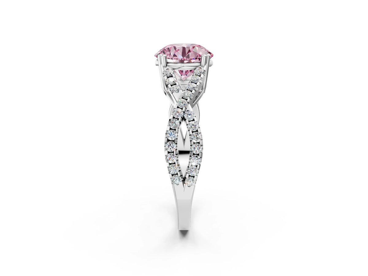 Fancy Pink Round Cut Diamond Solitaire Ring in Platinum with Interwoven Pavé Band and Prong Setting_8