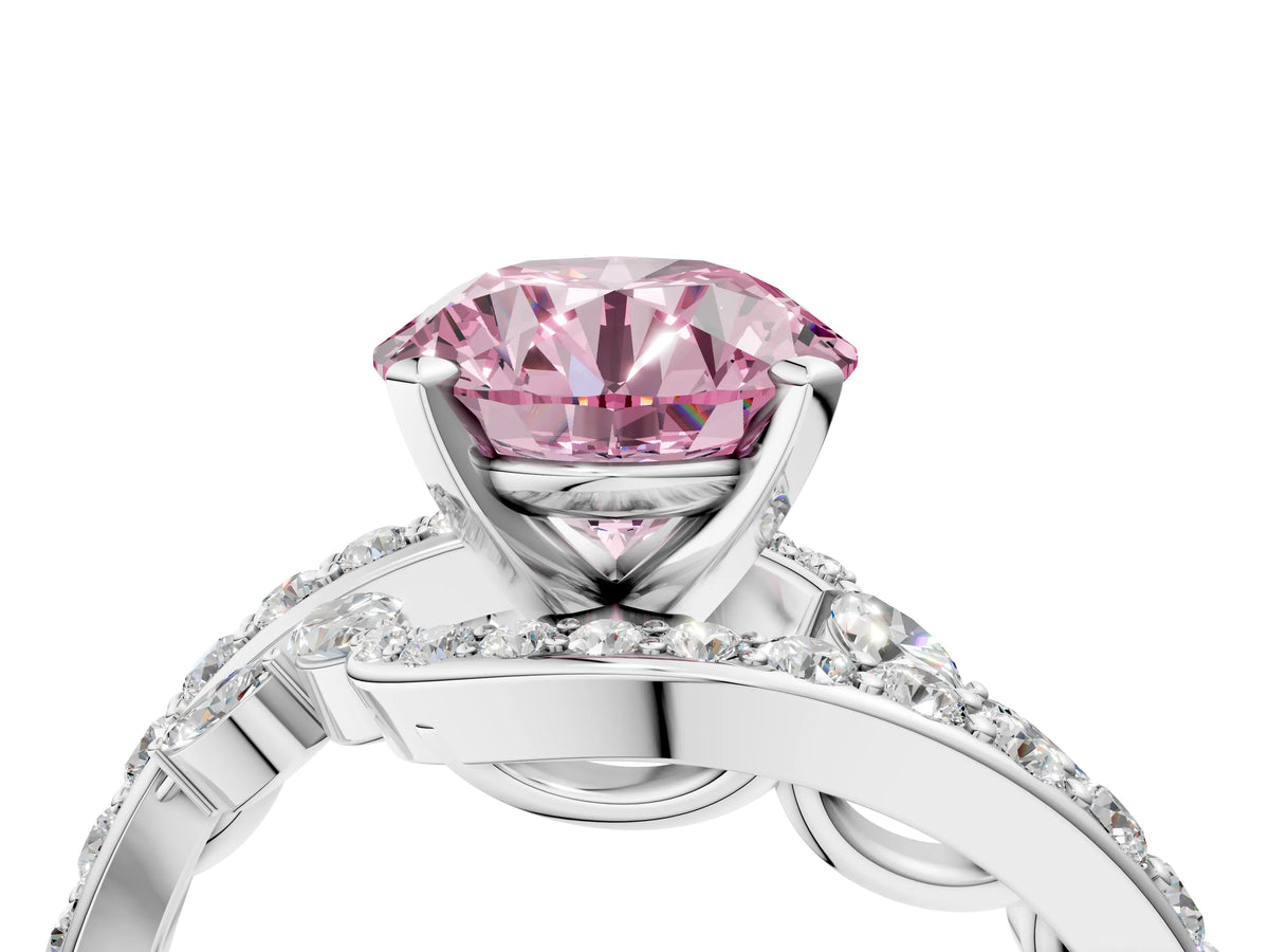 Fancy Pink Round Cut Diamond Solitaire Ring in Platinum with Pavé Twist Band and Prong Setting_10