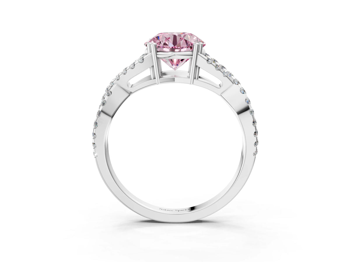 Fancy Pink Round Cut Diamond Solitaire Ring in White gold with Interwoven Pavé Band and Prong Setting_3