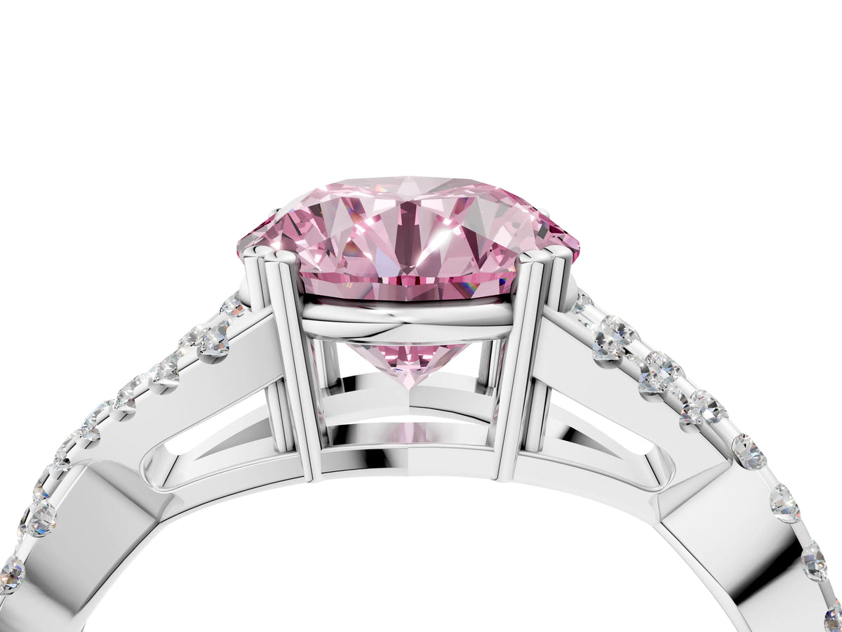 Fancy Pink Round Cut Diamond Solitaire Ring in White gold with Interwoven Pavé Band and Prong Setting_4