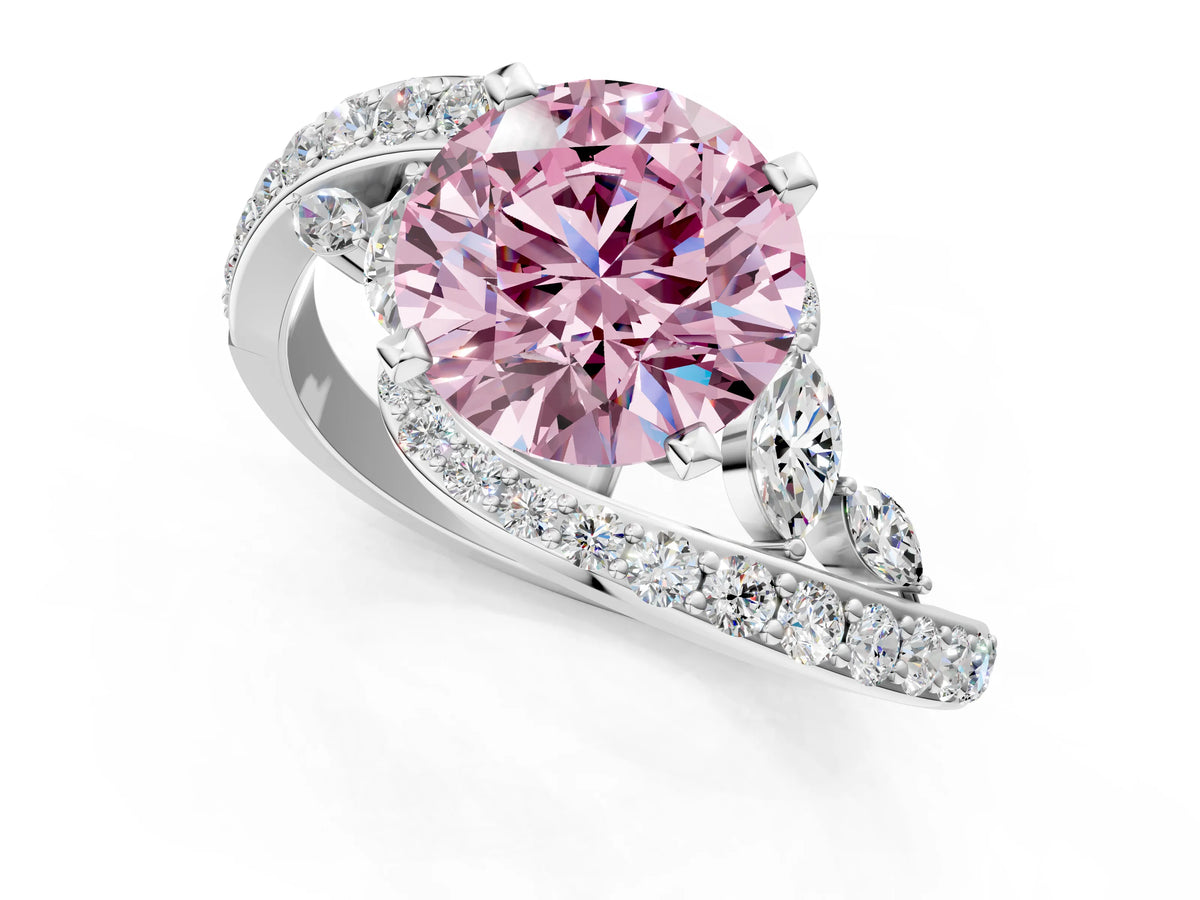 Fancy Pink Round Cut Diamond Solitaire Ring in White gold with Pavé Twist Band and Prong Setting_1