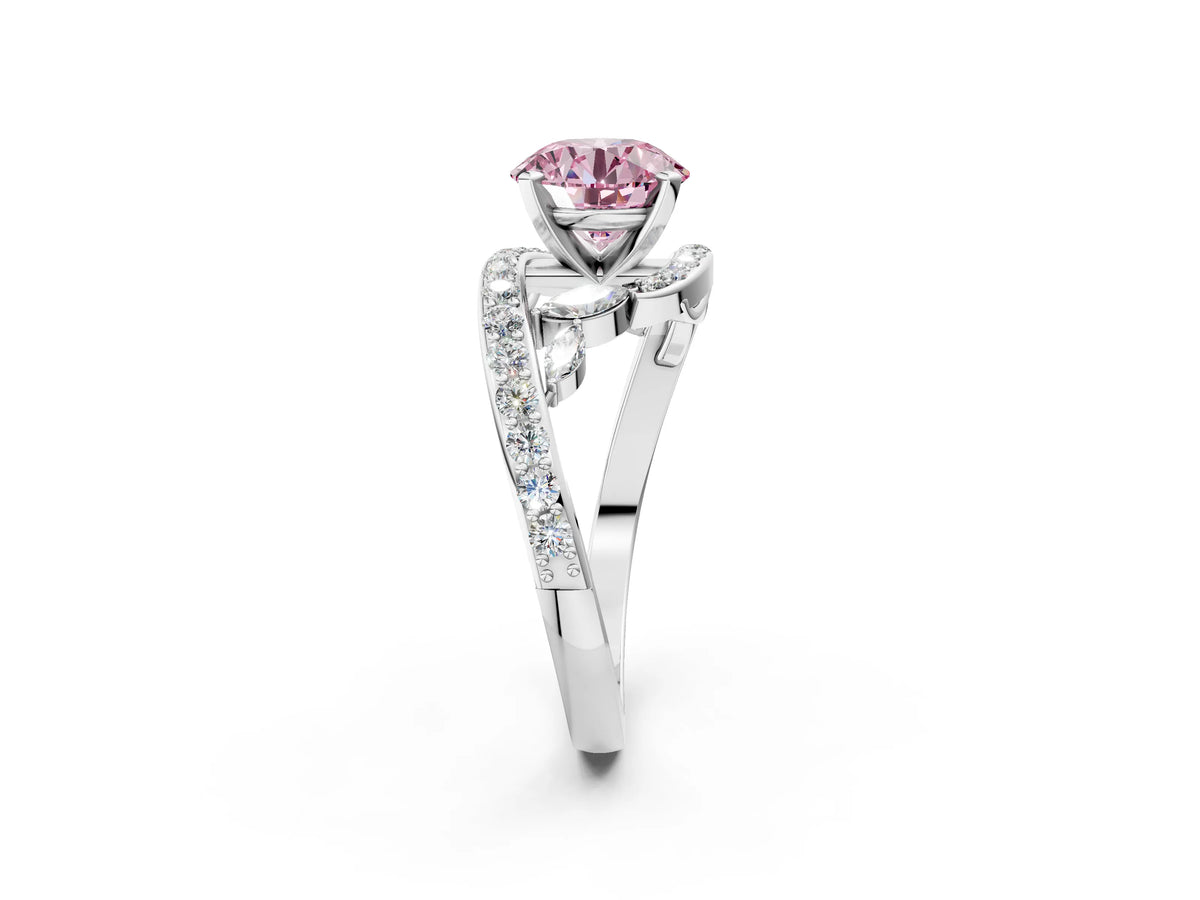 Fancy Pink Round Cut Diamond Solitaire Ring in White gold with Pavé Twist Band and Prong Setting_2