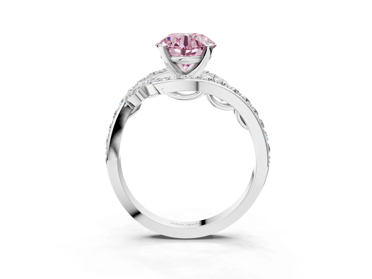 Fancy Pink Round Cut Diamond Solitaire Ring in White gold with Pavé Twist Band and Prong Setting_3