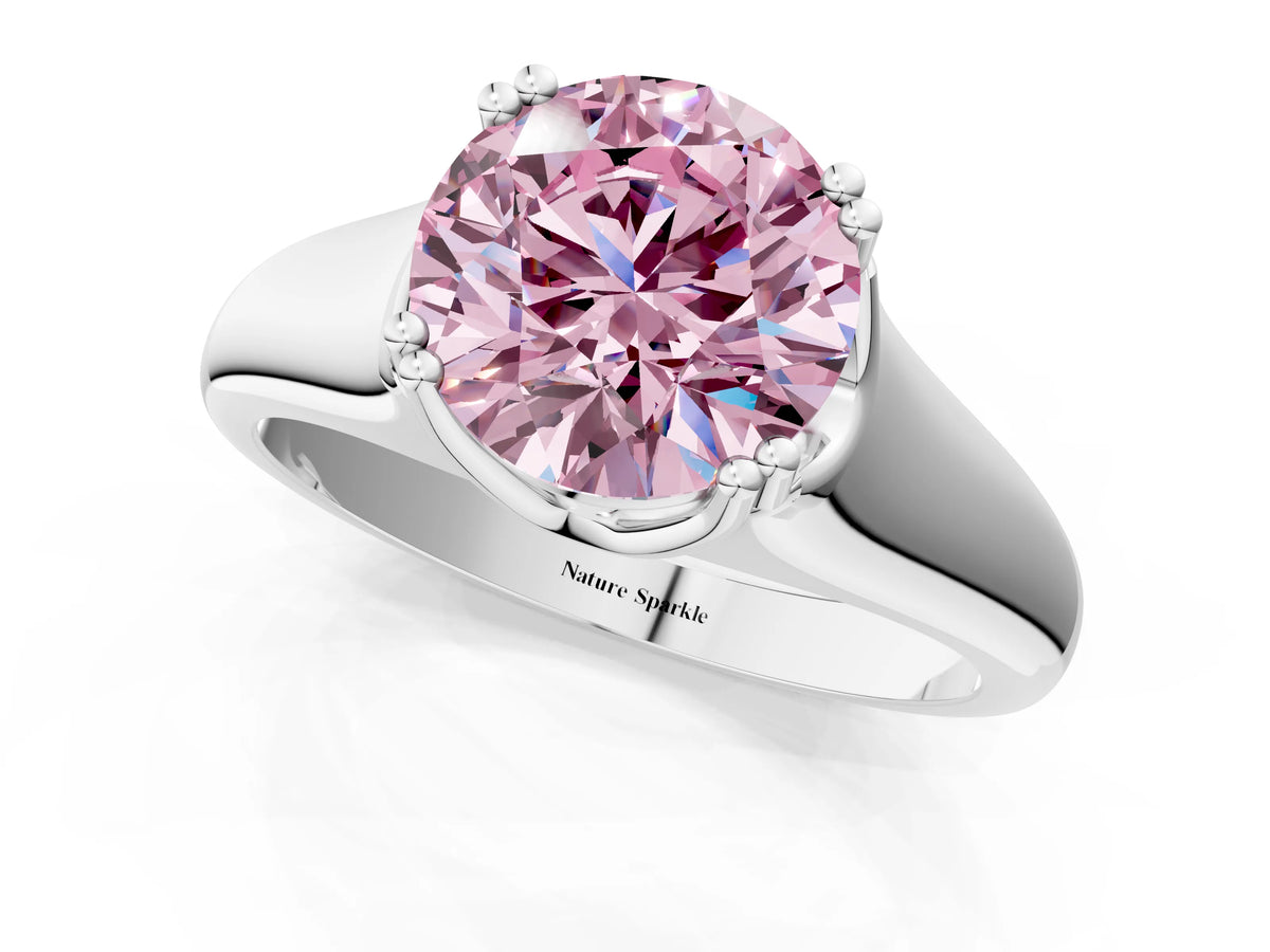 Fancy Pink Round Cut Diamond Solitaire Ring in White gold with Smooth Wide Band and Prong Setting_1