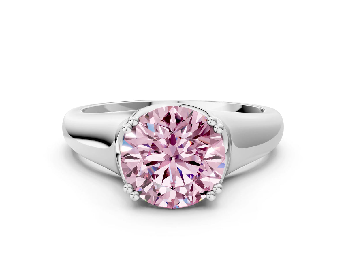 Fancy Pink Round Cut Diamond Solitaire Ring in White gold with Smooth Wide Band and Prong Setting