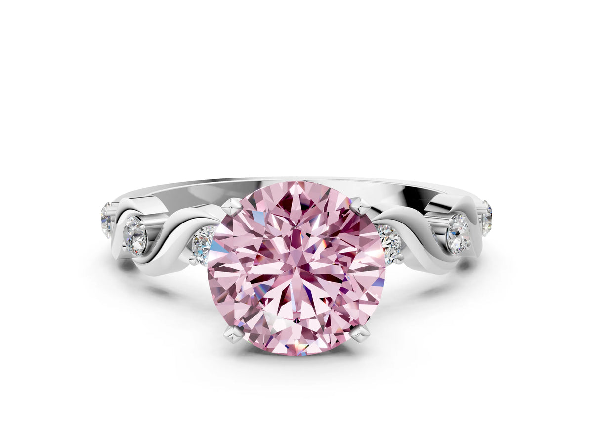 Fancy Pink Round Cut Diamond Solitaire Ring in White gold with Twisted Ribbon Band and Round Accents