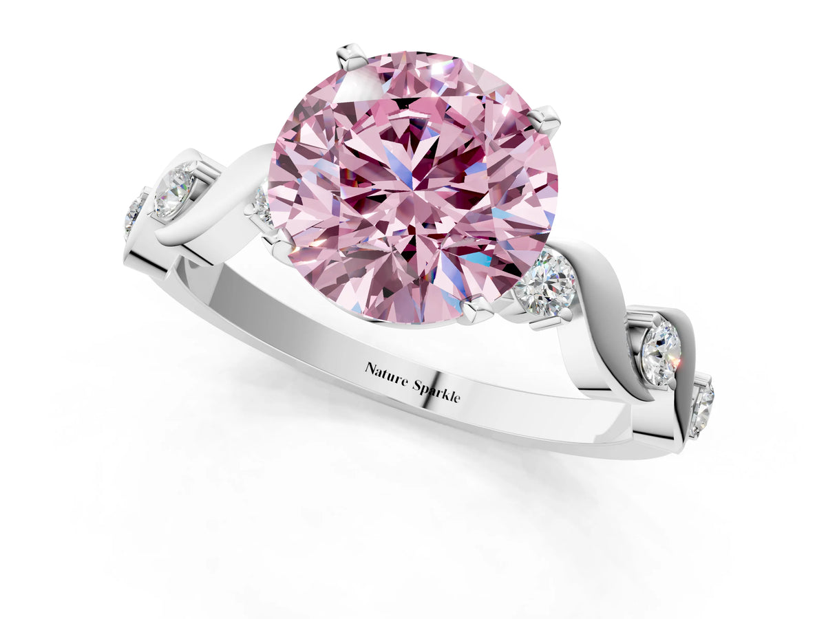 Fancy Pink Round Cut Diamond Solitaire Ring in White gold with Twisted Ribbon Band and Round Accents_1