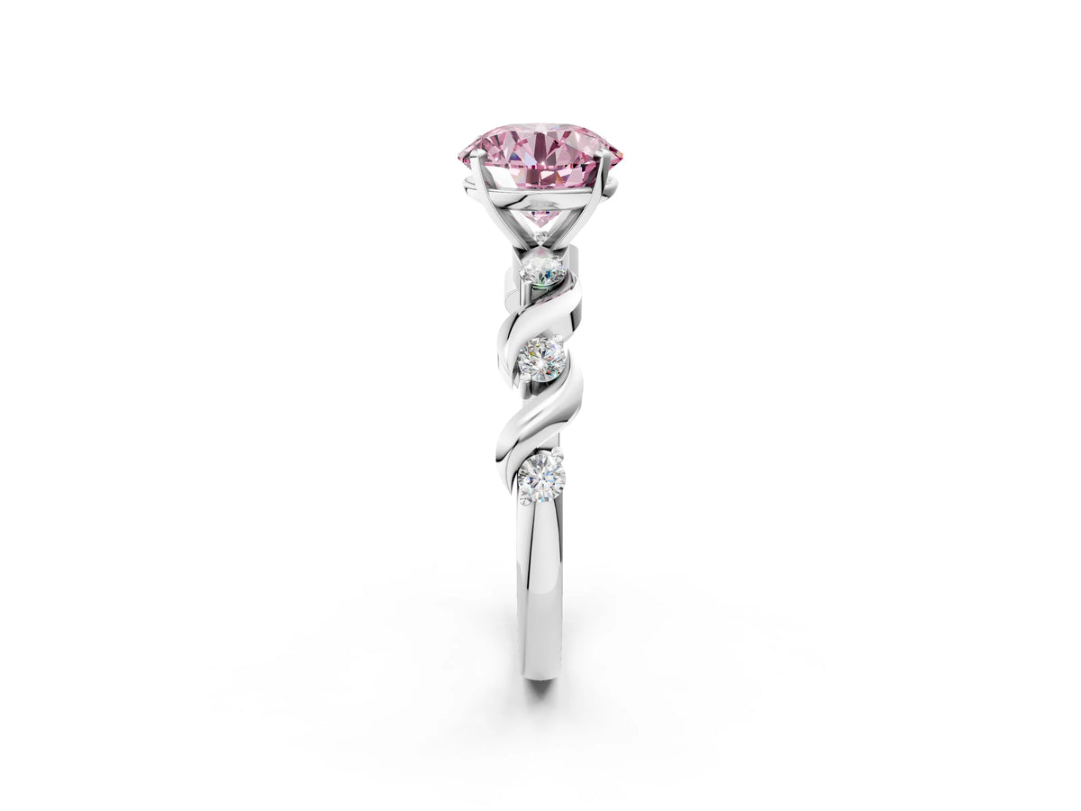 Fancy Pink Round Cut Diamond Solitaire Ring in White gold with Twisted Ribbon Band and Round Accents_2