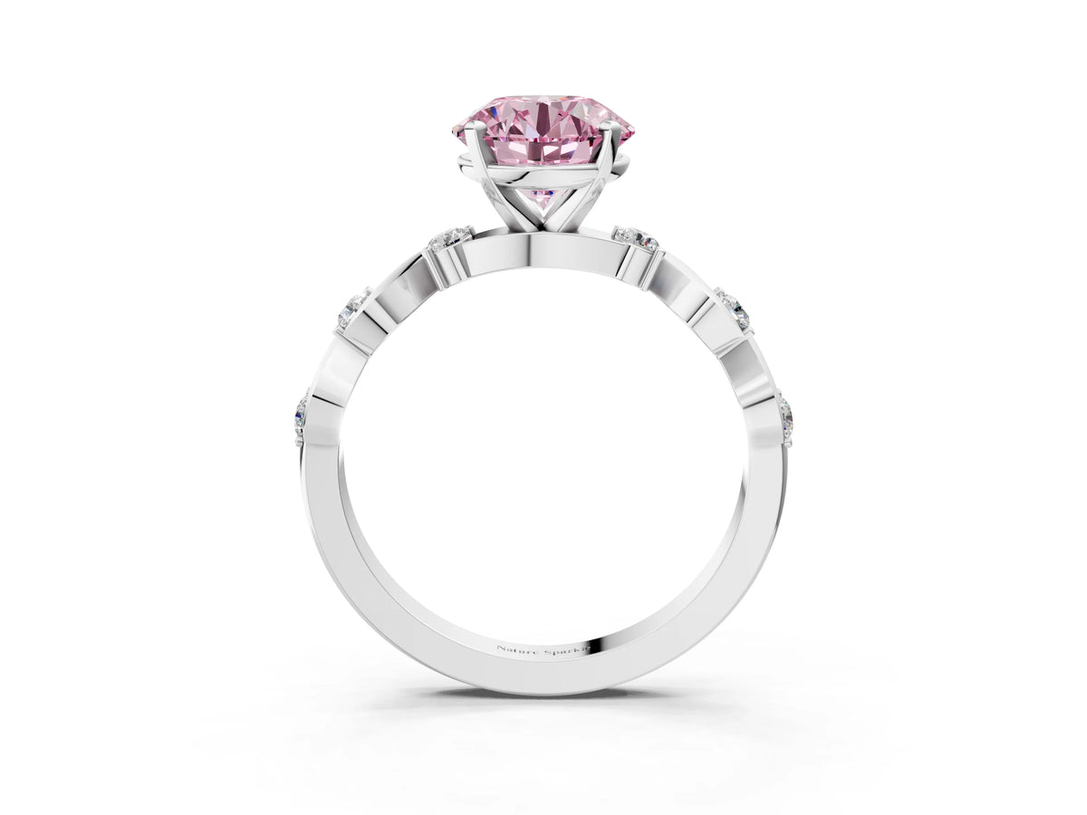 Fancy Pink Round Cut Diamond Solitaire Ring in White gold with Twisted Ribbon Band and Round Accents_3
