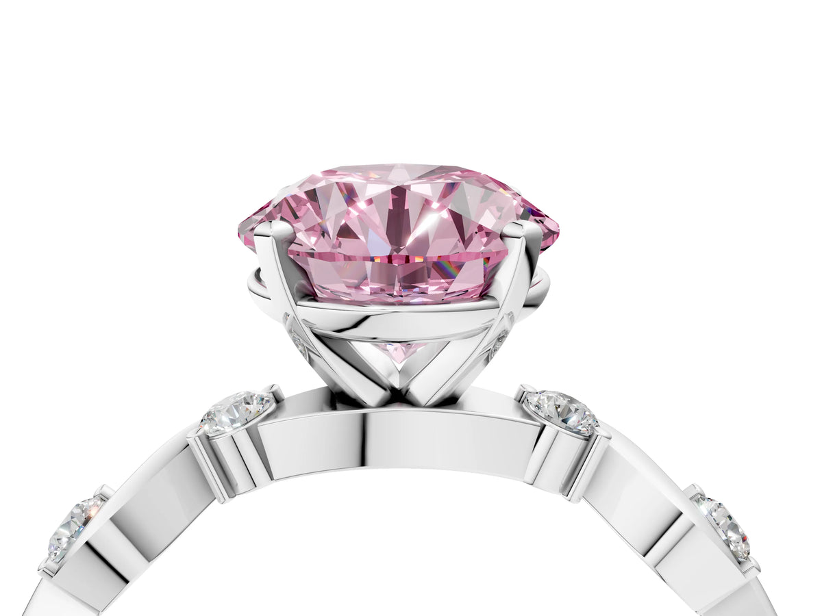 Fancy Pink Round Cut Diamond Solitaire Ring in White gold with Twisted Ribbon Band and Round Accents_4