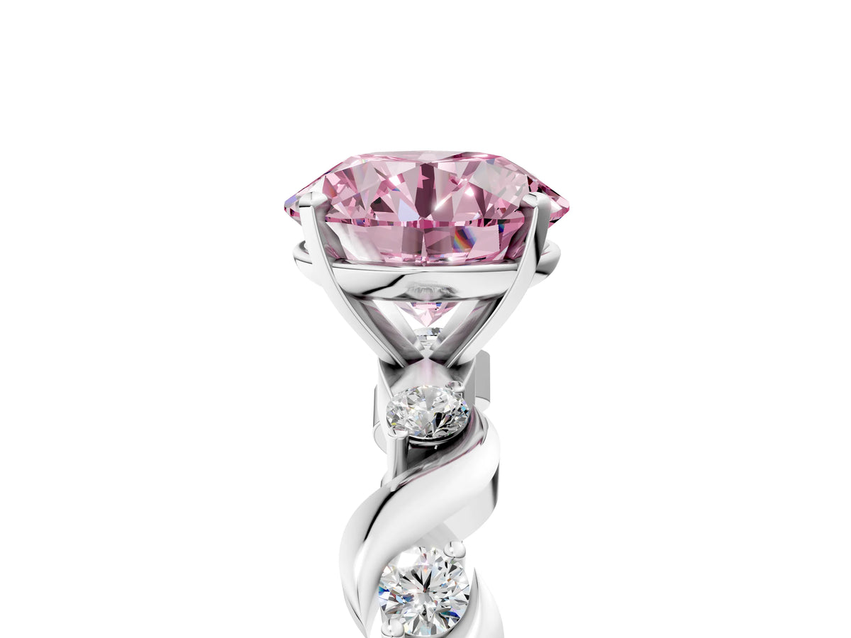 Fancy Pink Round Cut Diamond Solitaire Ring in White gold with Twisted Ribbon Band and Round Accents_5