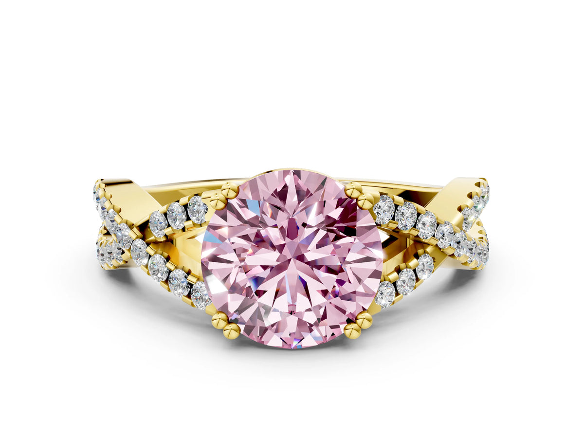 Fancy Pink Round Cut Diamond Solitaire Ring in Yellow gold with Interwoven Pavé Band and Prong Setting