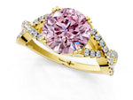 Fancy Pink Round Cut Diamond Solitaire Ring in Yellow gold with Interwoven Pavé Band and Prong Setting_1