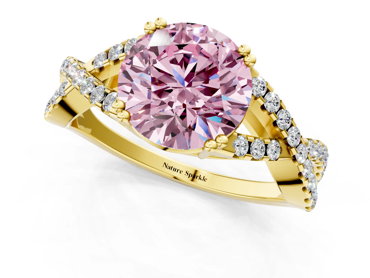 Fancy Pink Round Cut Diamond Solitaire Ring in Yellow gold with Interwoven Pavé Band and Prong Setting_1
