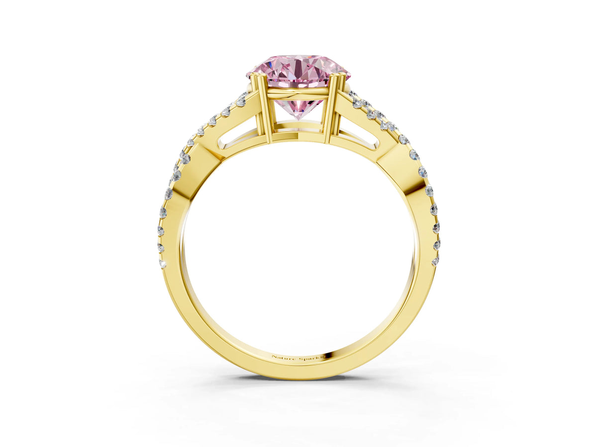 Fancy Pink Round Cut Diamond Solitaire Ring in Yellow gold with Interwoven Pavé Band and Prong Setting_3