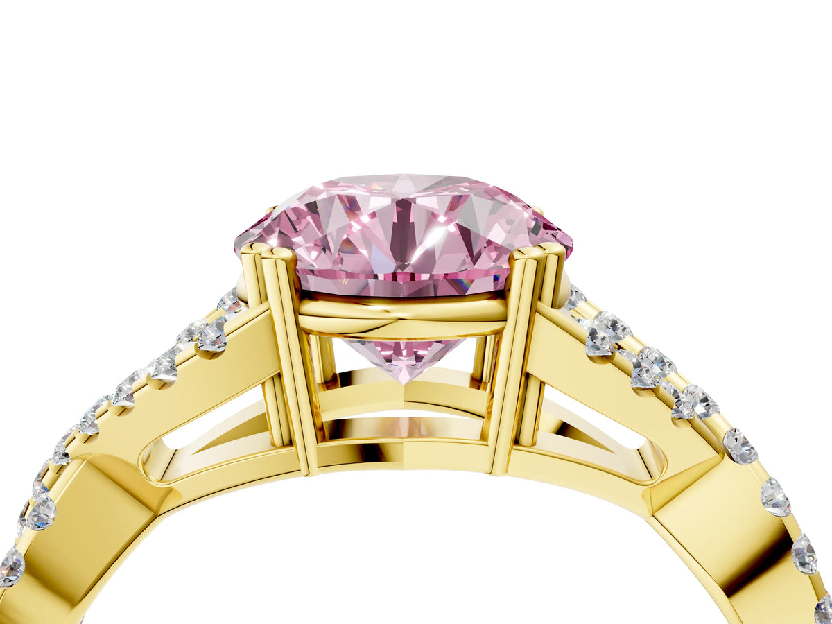 Fancy Pink Round Cut Diamond Solitaire Ring in Yellow gold with Interwoven Pavé Band and Prong Setting_4