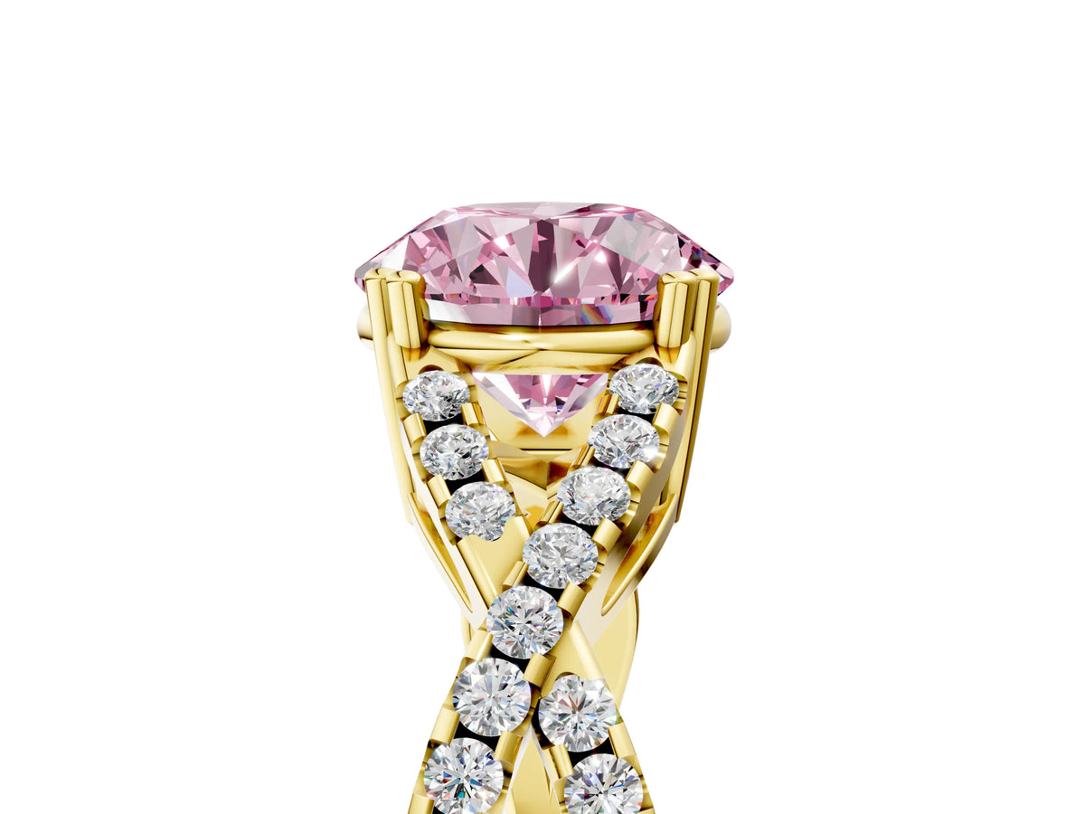 Fancy Pink Round Cut Diamond Solitaire Ring in Yellow gold with Interwoven Pavé Band and Prong Setting_5