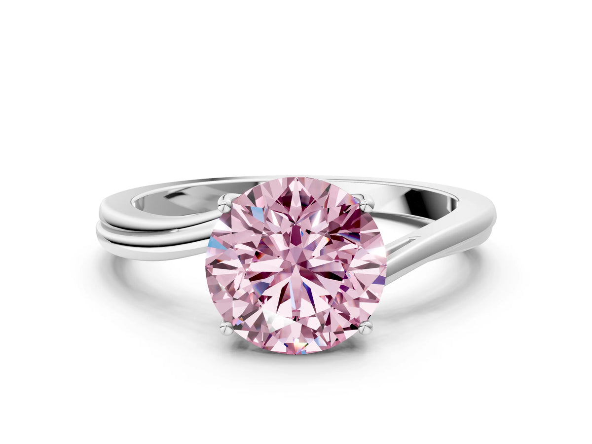 Fancy Pink Round Cut Diamond Solitaire Twist Band Ring in White gold with Prong Setting