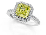 Fancy Yellow Asscher Cut Diamond Halo Engagement Ring in White gold with Milgrain Detail and Pavé Band_1
