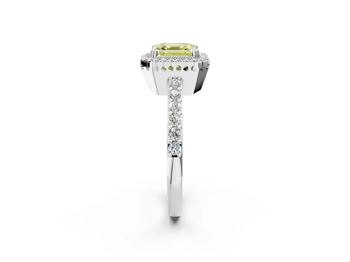 Fancy Yellow Asscher Cut Diamond Halo Engagement Ring in White gold with Milgrain Detail and Pavé Band_2