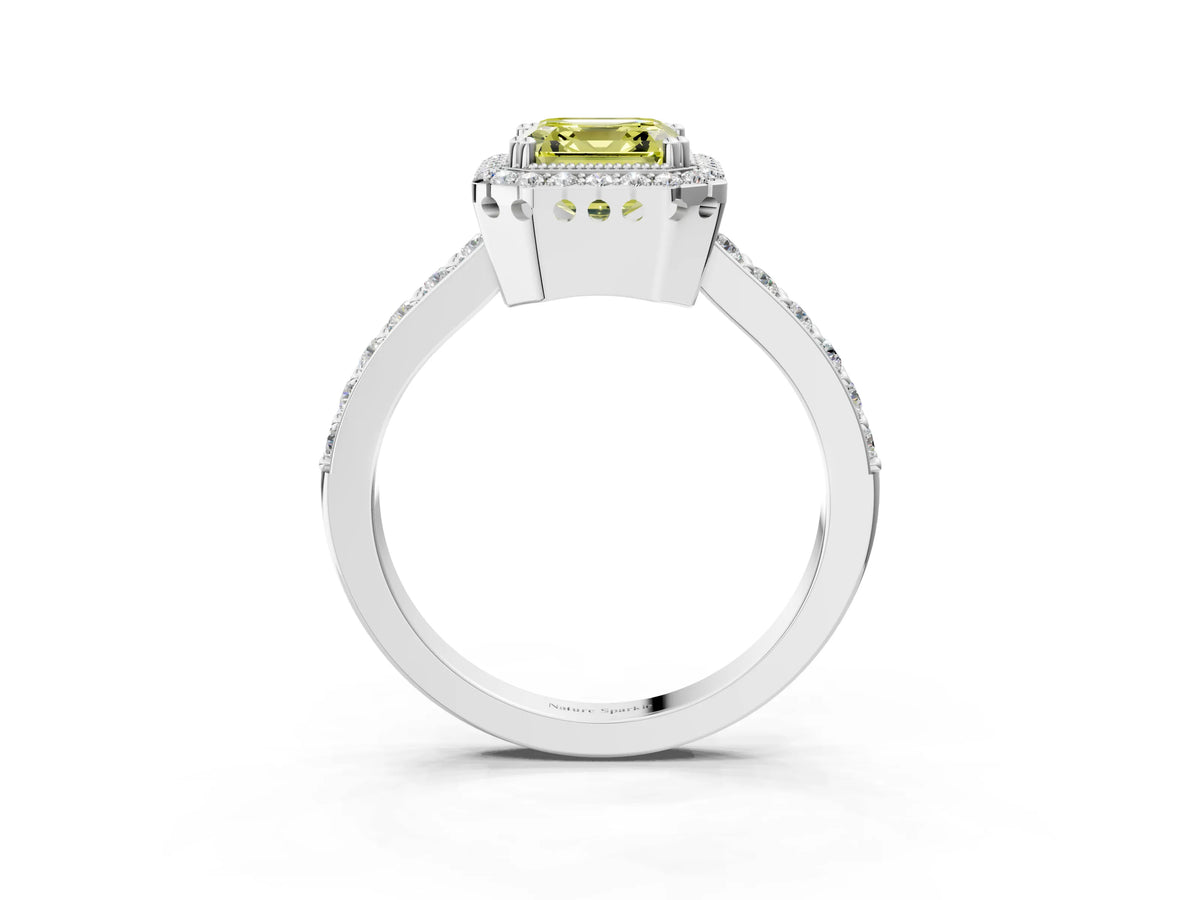 Fancy Yellow Asscher Cut Diamond Halo Engagement Ring in White gold with Milgrain Detail and Pavé Band_3
