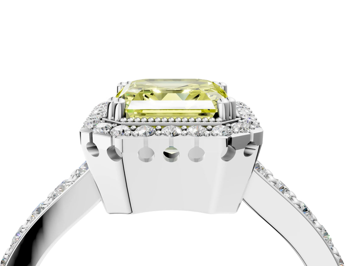 Fancy Yellow Asscher Cut Diamond Halo Engagement Ring in White gold with Milgrain Detail and Pavé Band_4