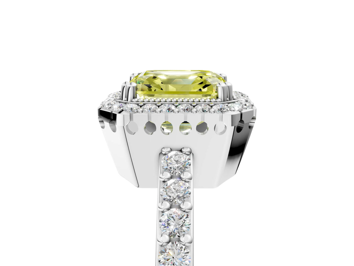 Fancy Yellow Asscher Cut Diamond Halo Engagement Ring in White gold with Milgrain Detail and Pavé Band_5