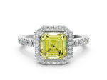 Fancy Yellow Asscher Cut Diamond Halo Engagement Ring in White gold with Milgrain Detail and Pavé Band