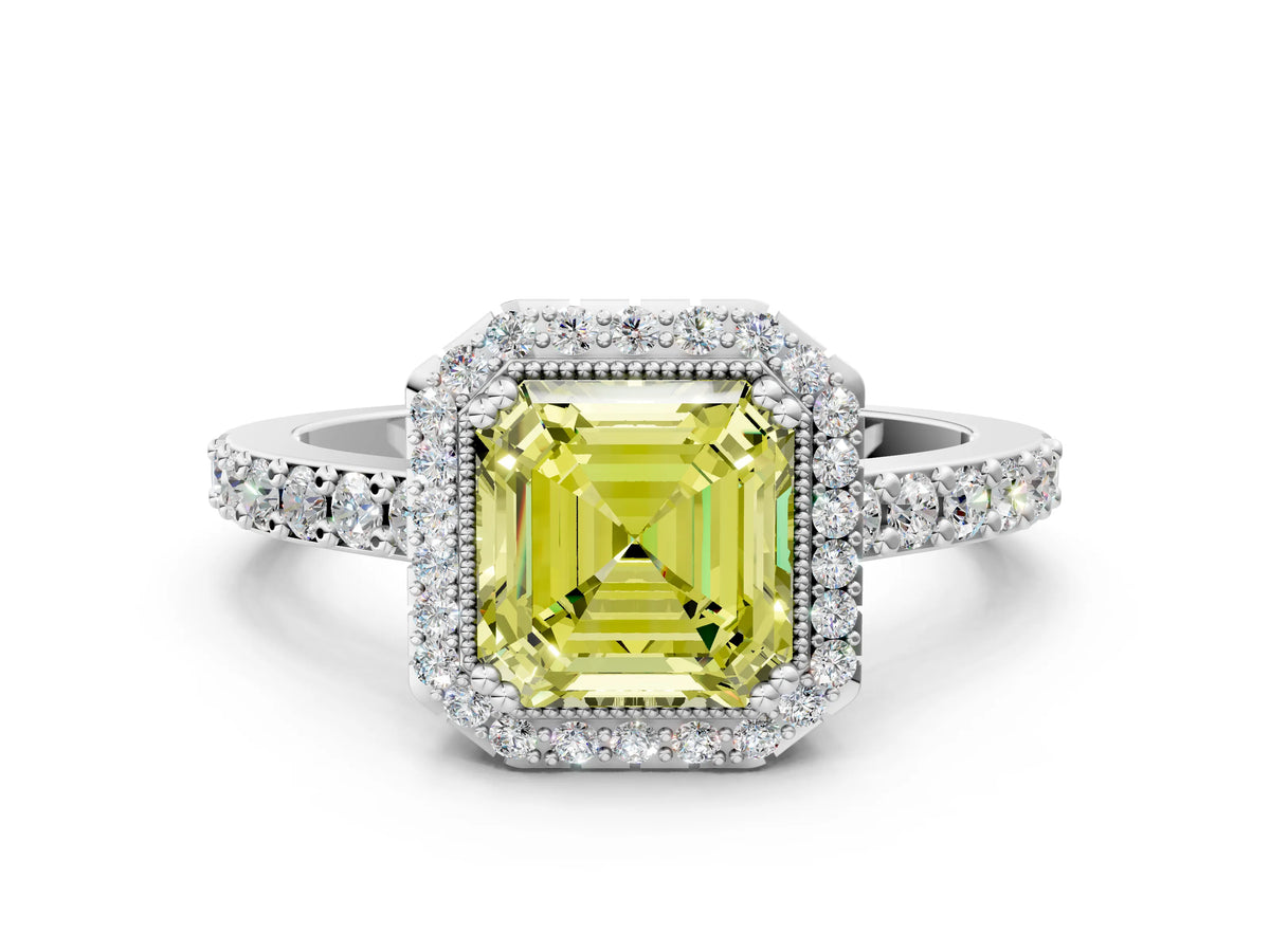 Fancy Yellow Asscher Cut Diamond Halo Engagement Ring in White gold with Milgrain Detail and Pavé Band