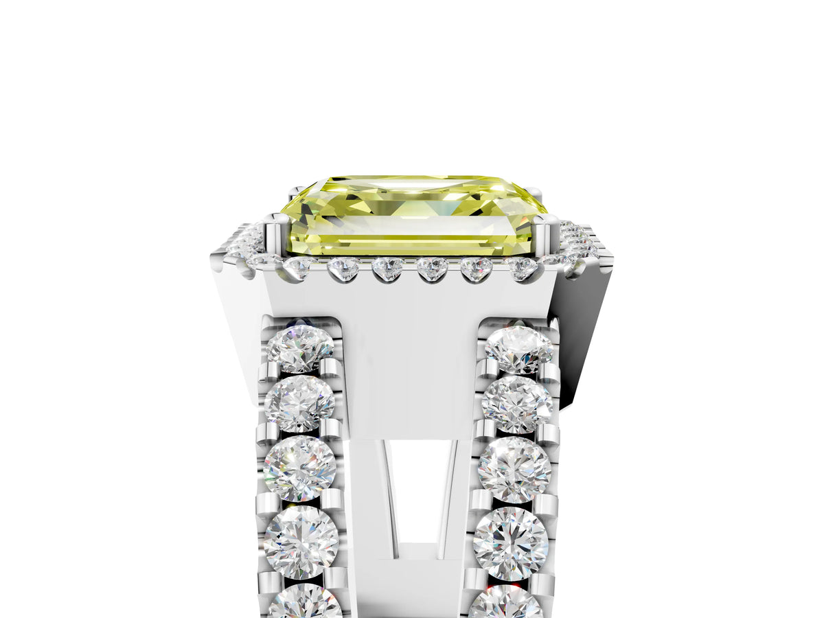 Fancy Yellow Asscher Cut Diamond Halo Ring in Silver with Split Shank Band and Prong Setting_11