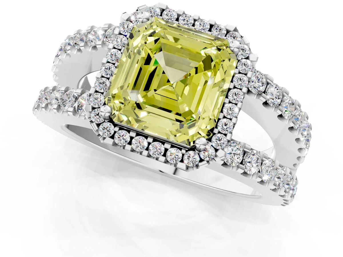 Fancy Yellow Asscher Cut Diamond Halo Ring in White gold with Split Shank Band and Prong Setting_1