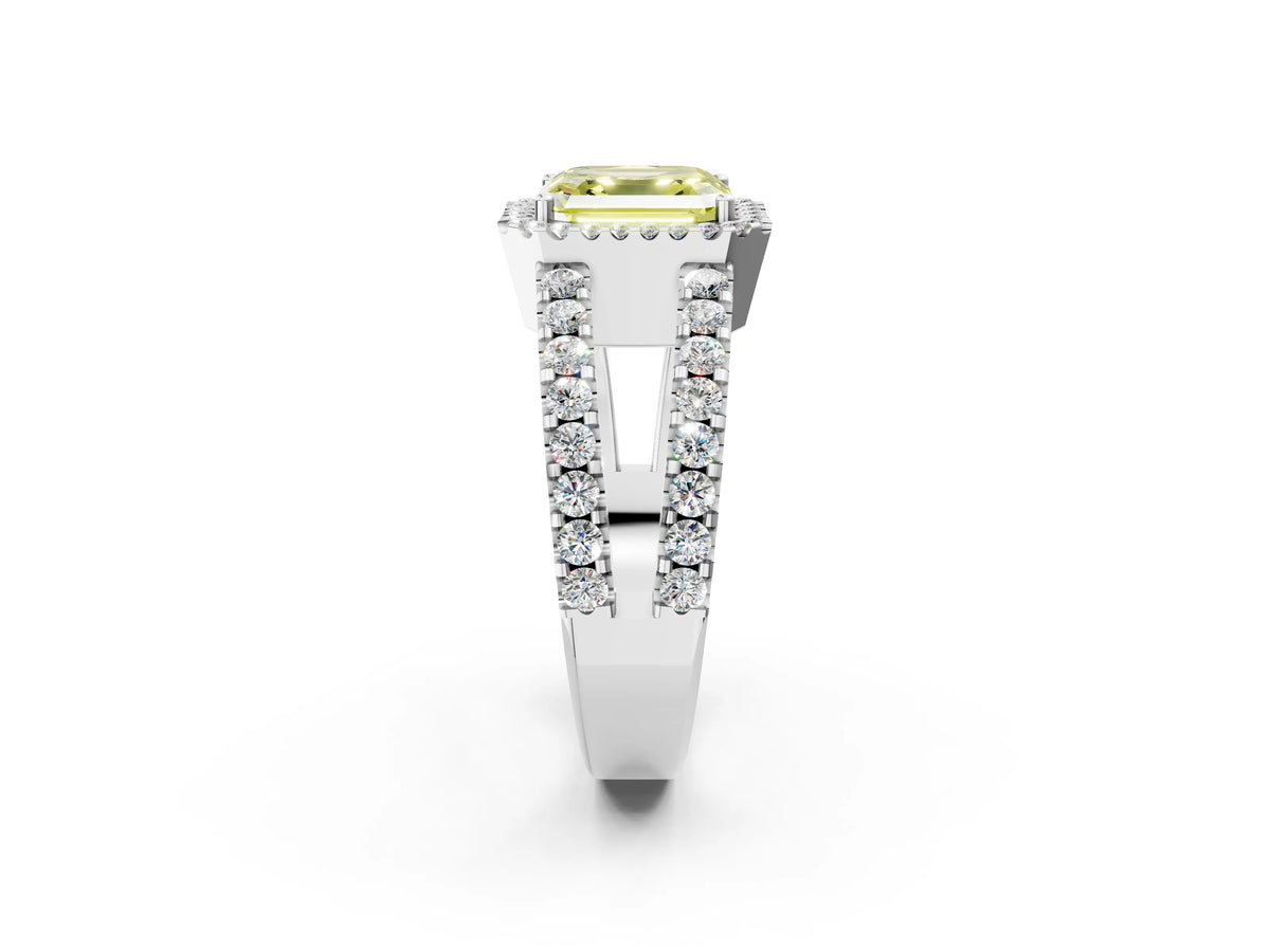Fancy Yellow Asscher Cut Diamond Halo Ring in White gold with Split Shank Band and Prong Setting_2