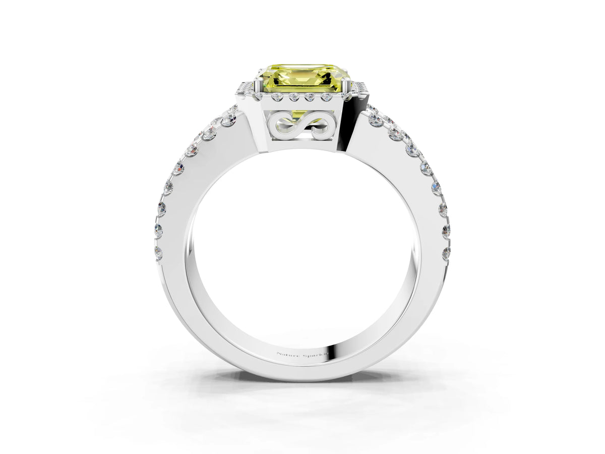 Fancy Yellow Asscher Cut Diamond Halo Ring in White gold with Split Shank Band and Prong Setting_3